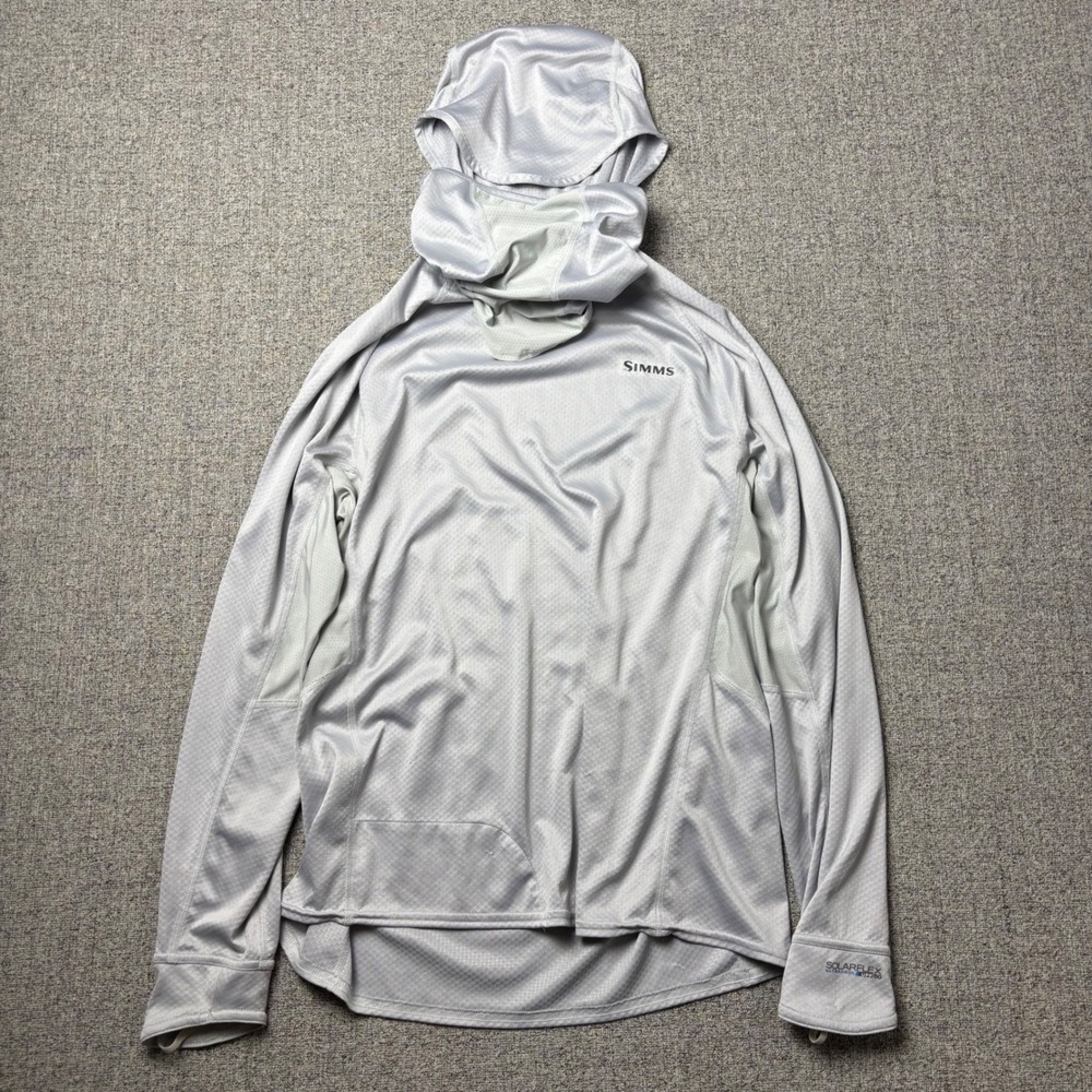 Simms Fishing Hoodie Mens Medium Gray SolarFlex UltraCool Armor UPF 50 Sun Shirt